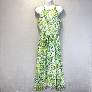DKNY Floral Chiffon Halter Midi Dress Womens 10 Green Belted Keyhole Belted